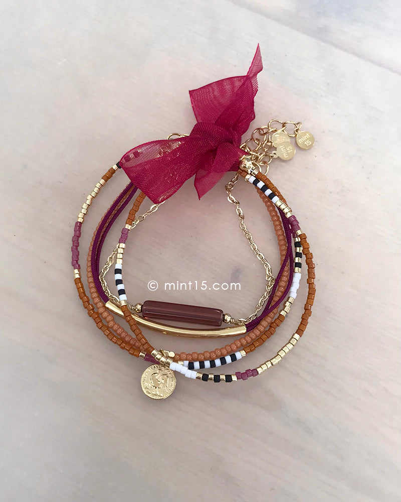 Armbandenset Caramel & Aubergine met strikje