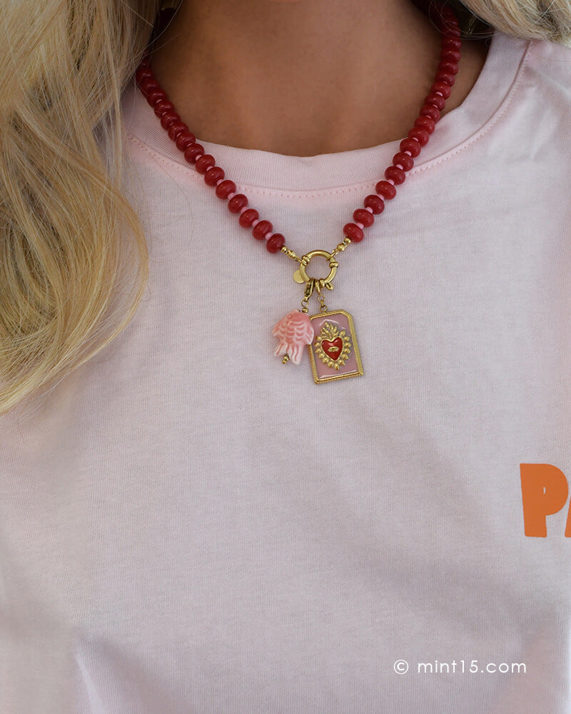 Kralenketting Jade Rood &amp; roze met bedels