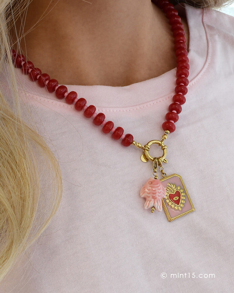Kralenketting Jade Rood &amp; roze met bedels