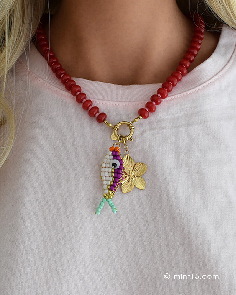 Kralenketting Jade Rood &amp; roze met bedels