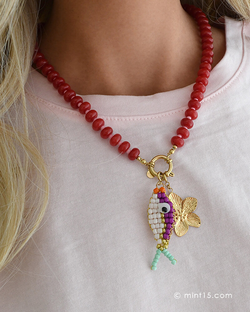 Kralenketting Jade Rood & roze met bedels